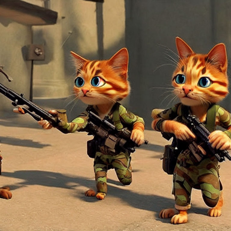 Animated cats in military gear with rifles on a mission.