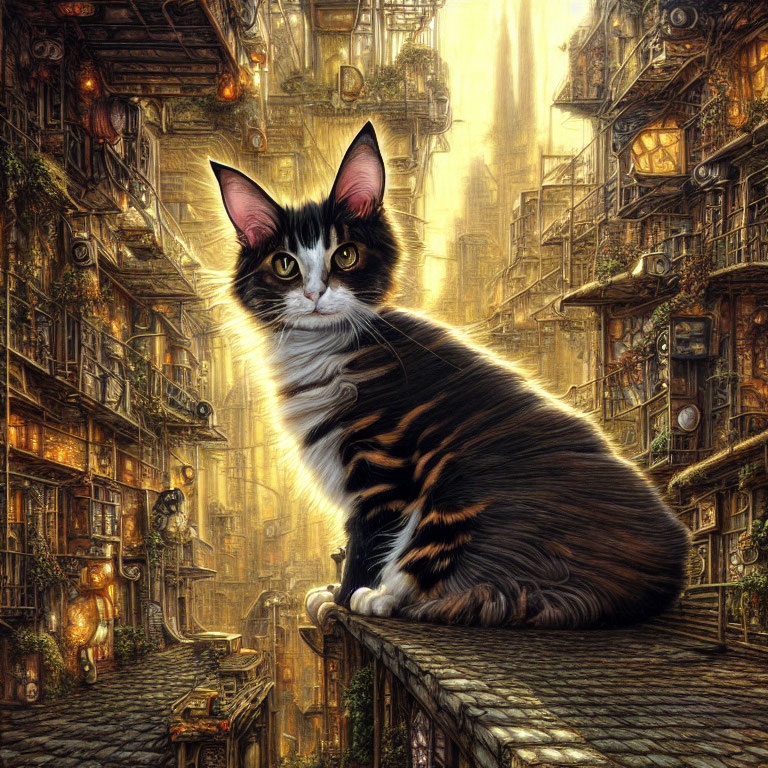 Detailed cat in fantastical cityscape with glowing lights