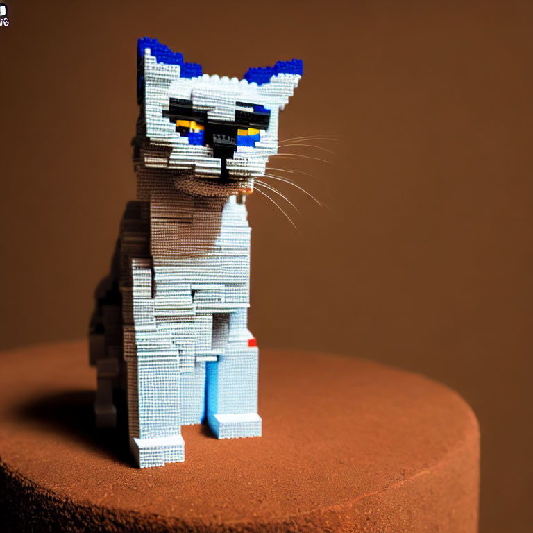 Blue and White Striped Cat Lego Sculpture on Brown Surface