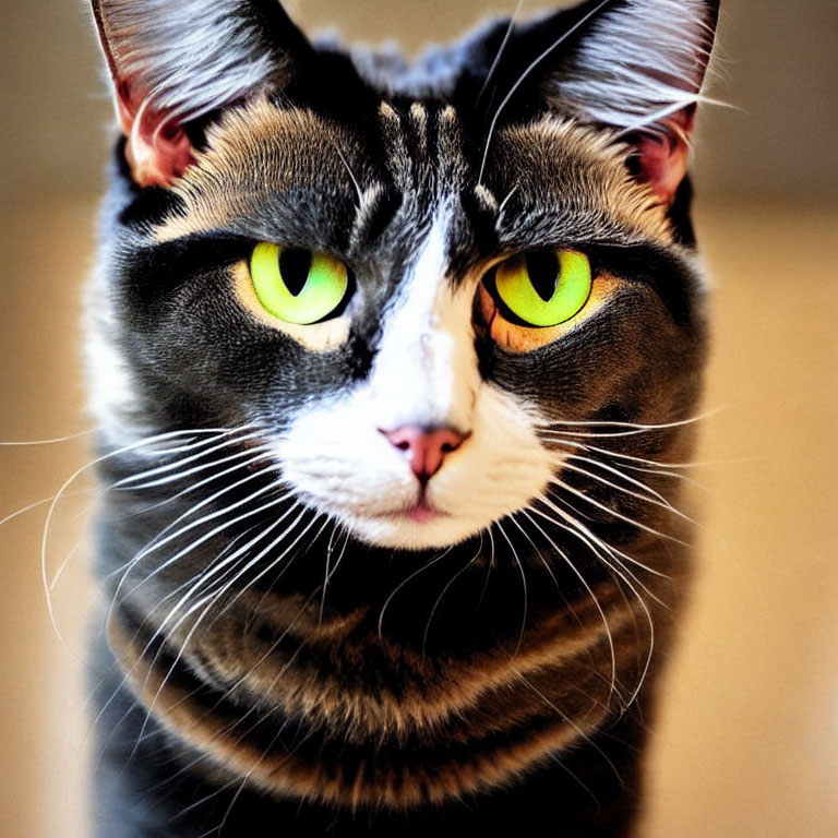 Black and Grey Striped Cat with Green Eyes and Pink Nose Close-Up