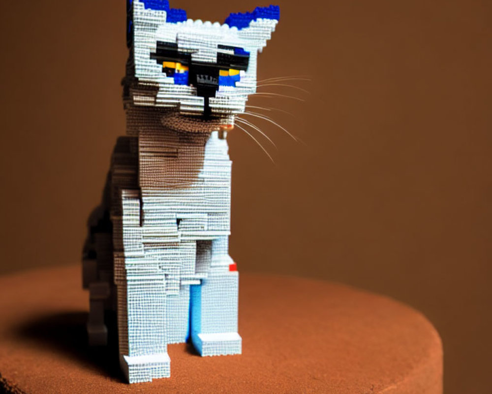 Blue and White Striped Cat Lego Sculpture on Brown Surface