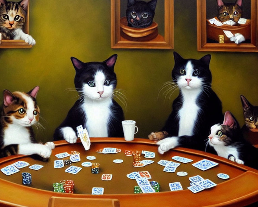 Seven Cats Playing Poker with Coffee and Poker Chips in Artwork