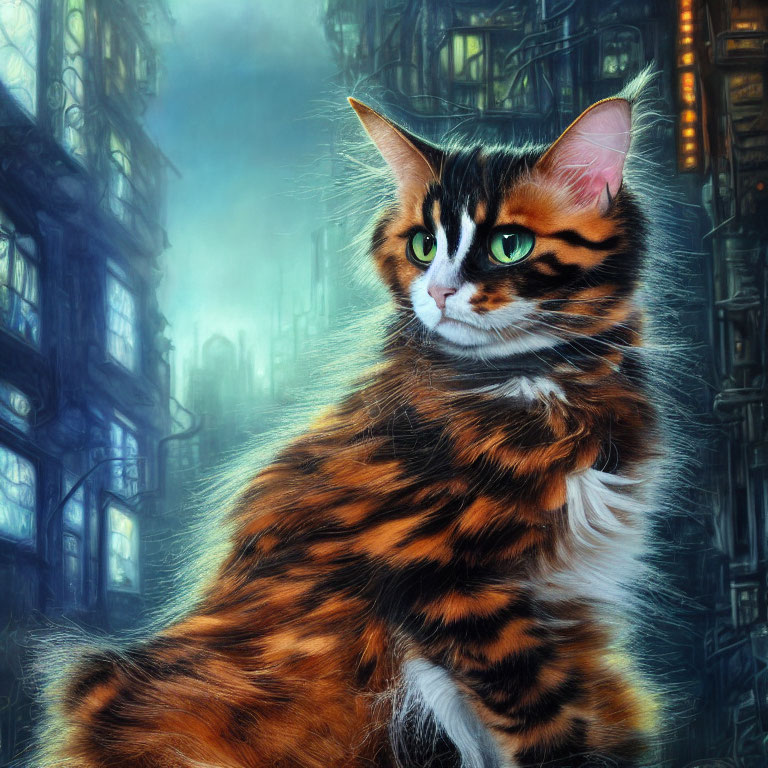 Majestic cat with amber eyes in dystopian cityscape