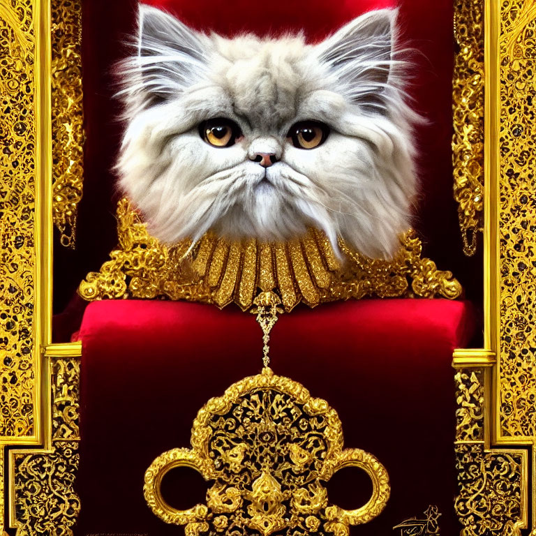 Regal Persian cat on red and gold throne with stern expression