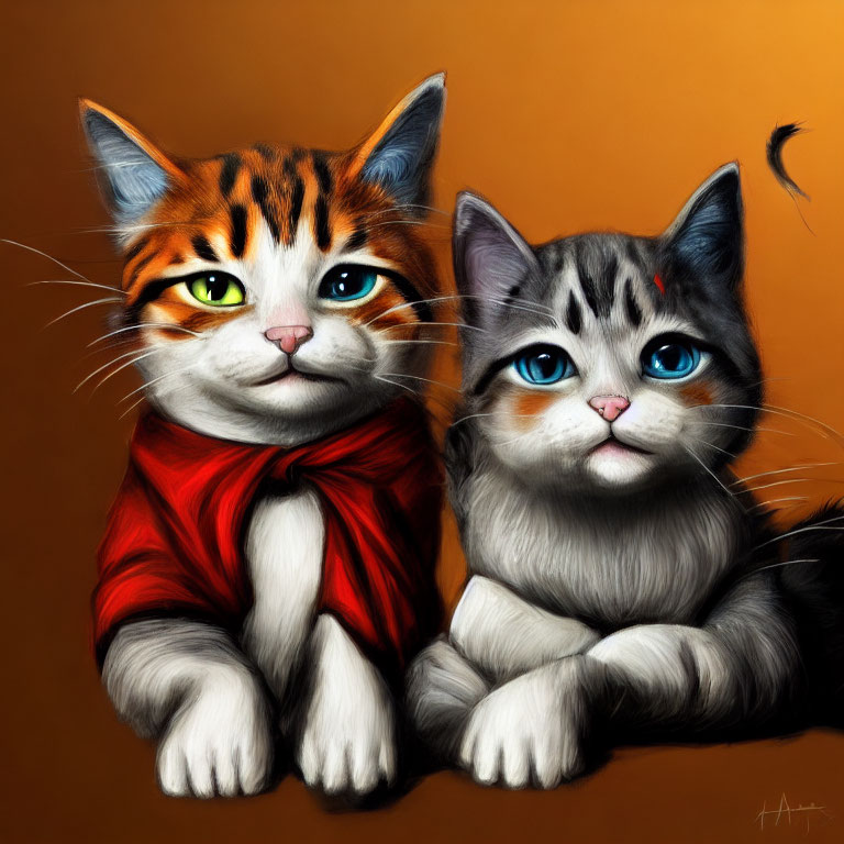 Two animated cats with human-like eyes on orange background