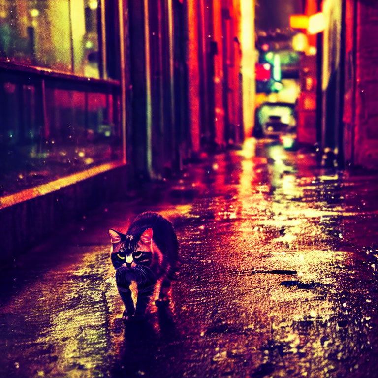 Cat walking on wet, reflective street at night with city lights glow