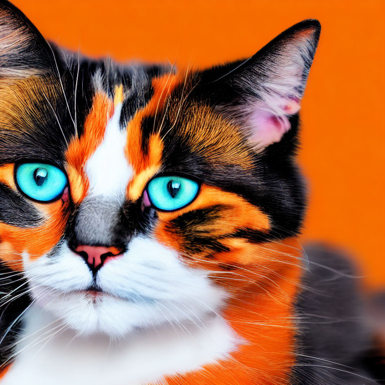 Colorful Calico Cat with Vibrant Blue Eyes on Orange Background