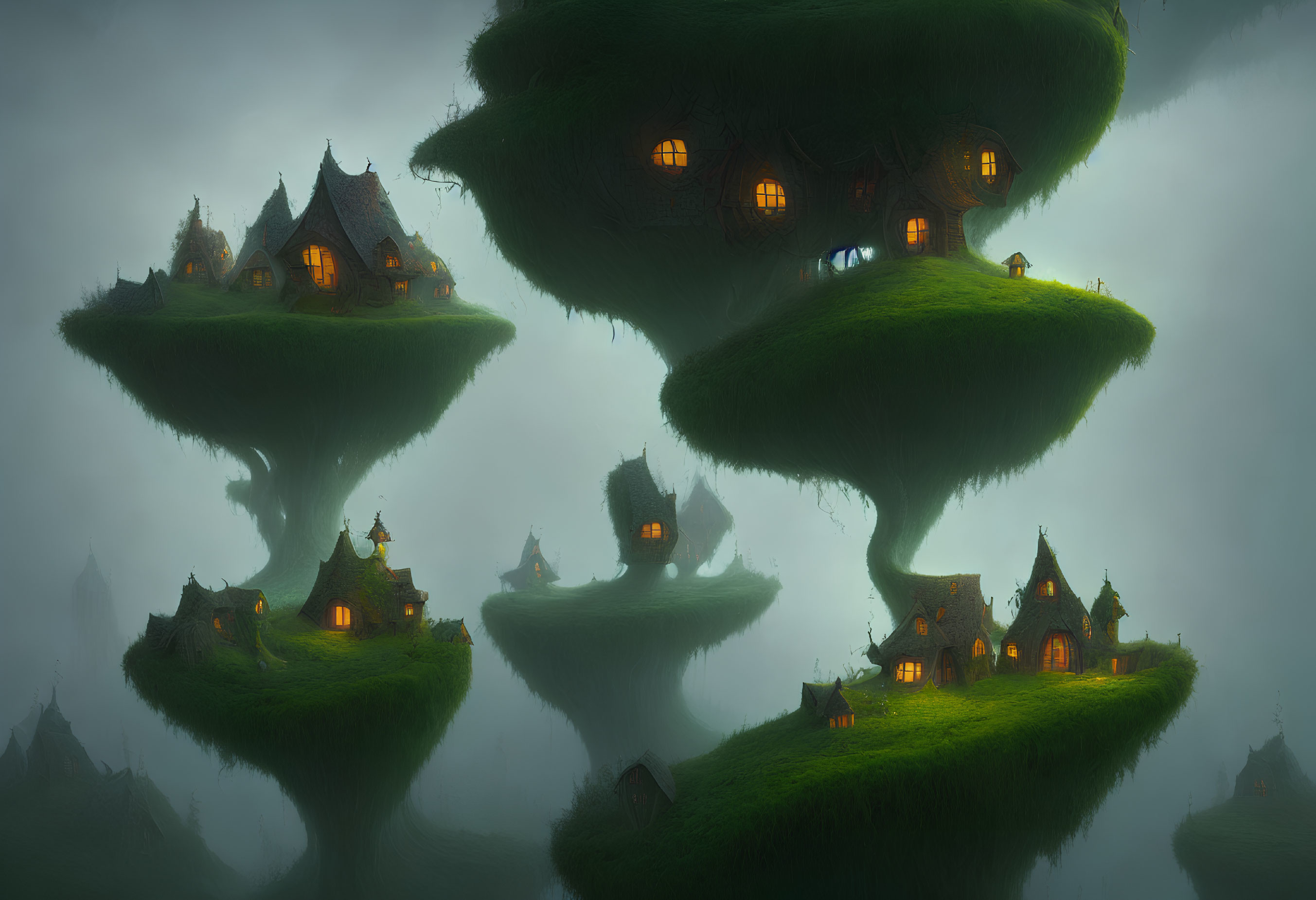 Floating Islands with Cozy Cottages in Twilight Mist