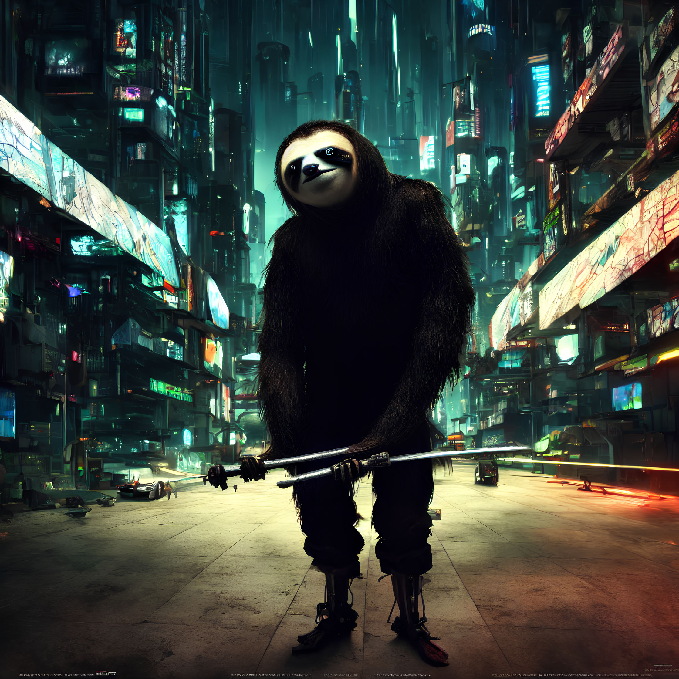 Person in sloth costume with samurai sword in neon-lit futuristic cityscape.