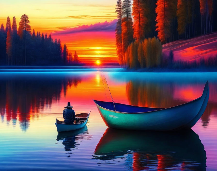 Serene sunset lake scene with colorful trees and two boats