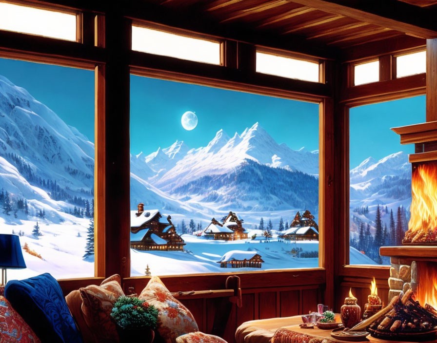 Snowy Mountain Village View from Cozy Room Interior