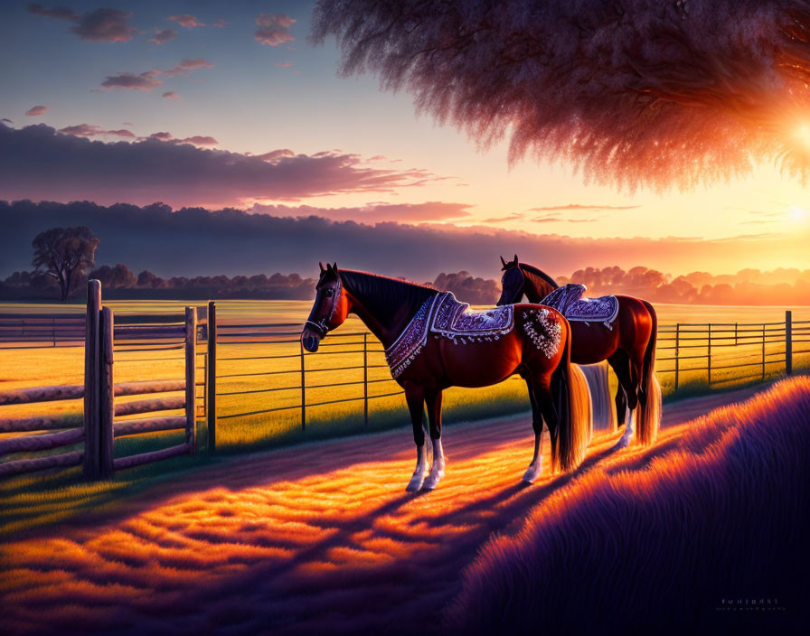 Ornate Tack Clad Horse in Vibrant Sunset Landscape