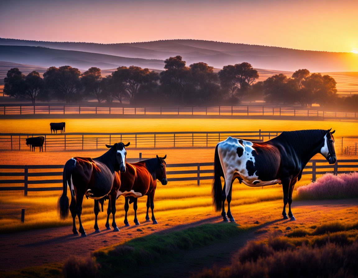 Vibrant sunset scene: Three horses behind fence with orange hues.