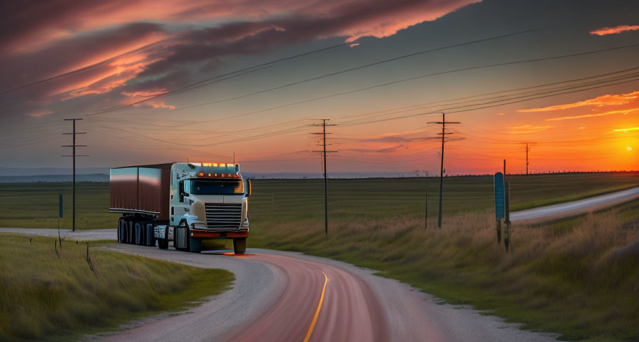 Semi-truck on winding road at sunset with orange sky & power lines