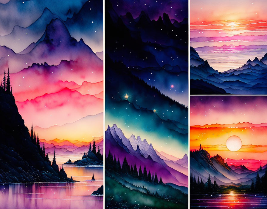 Six Vibrant Watercolor Paintings of Diverse Mountain Landscapes