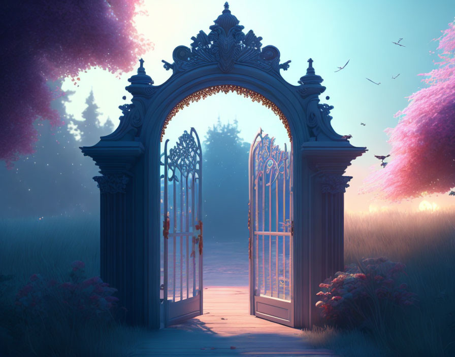 Ornate open gate in foggy forest with pink flora at dawn