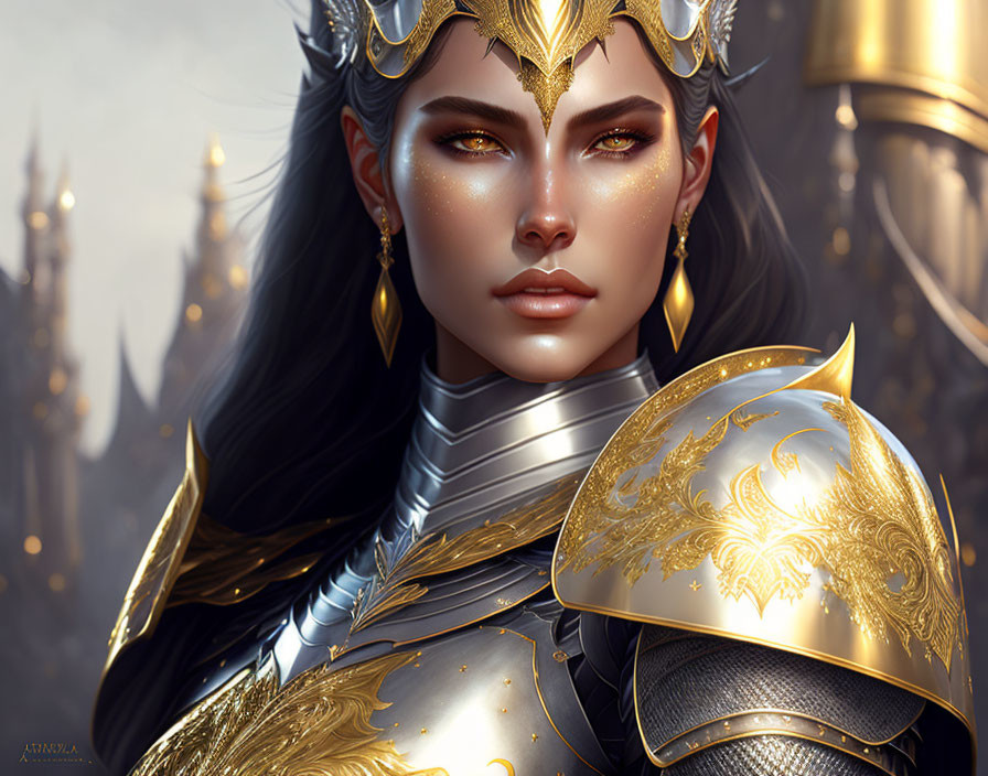 Regal female warrior in golden armor against castle backdrop