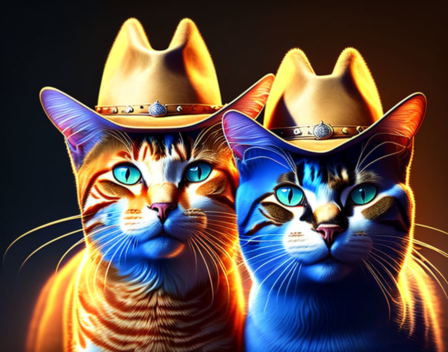 Stylized cats with intense blue eyes in cowboy hats on dark background