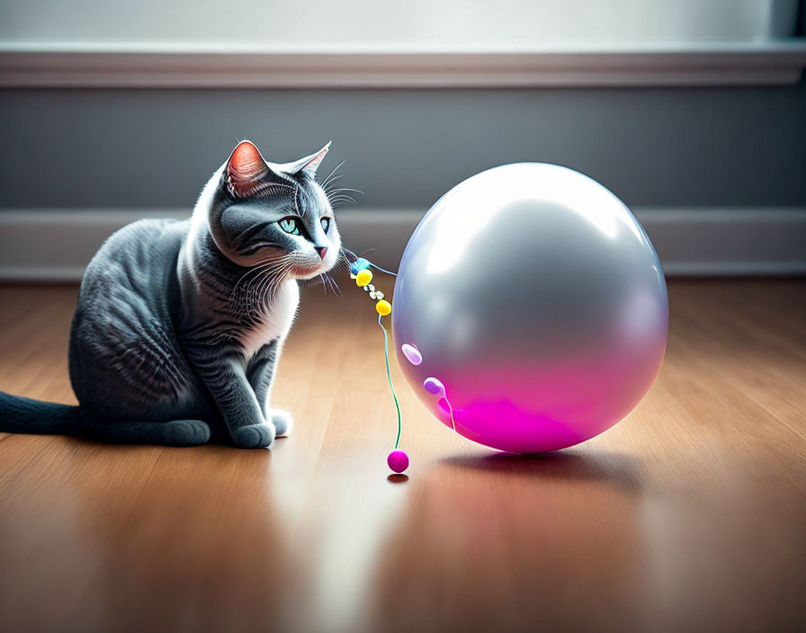 Gray cat staring at iridescent bubble on wooden floor