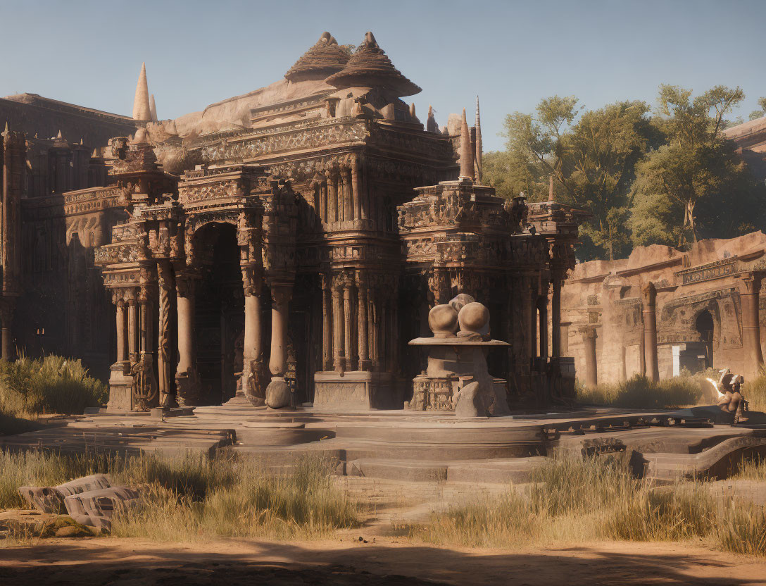 Ancient temple ruins with intricate carvings and pillars under warm sunlight