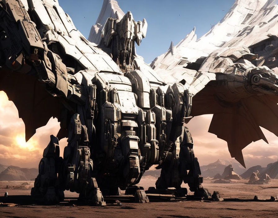 Futuristic mechs on barren landscape with sharp mountains