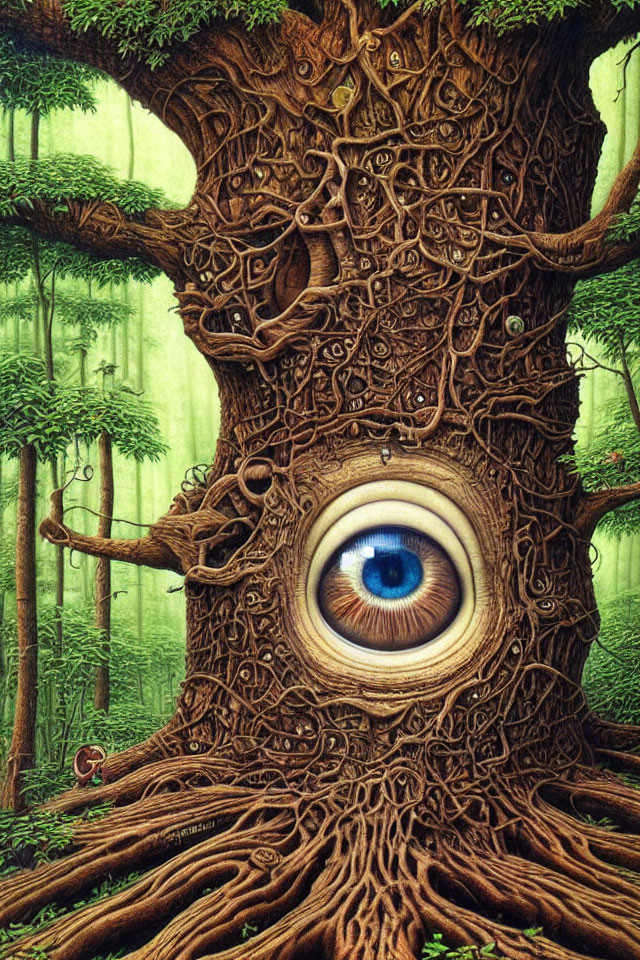 Fantastical tree with intricate bark patterns and human eye in lush forest