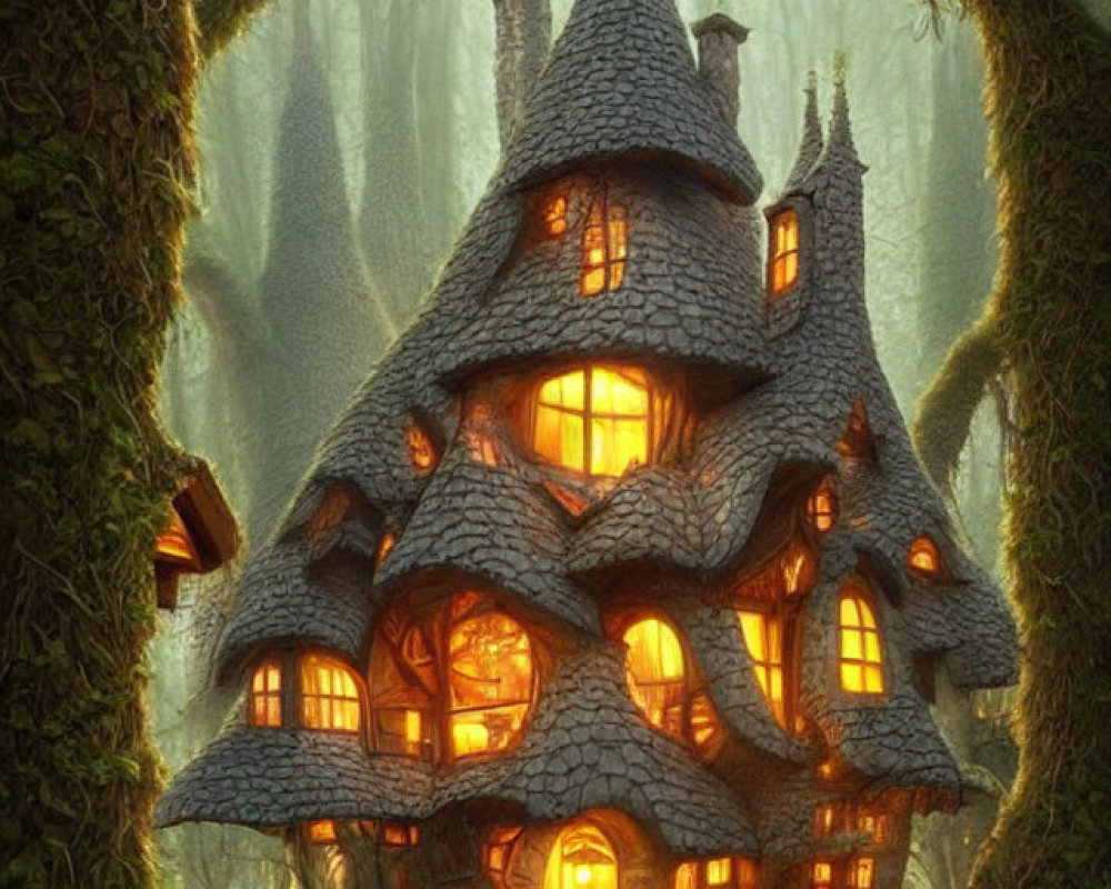 Enchanted mossy forest with whimsical glowing house nestled among trees