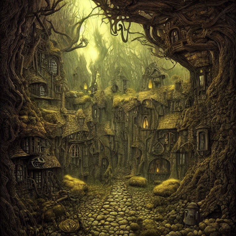 Fantasy forest scene with twisting trees and tree trunk houses under soft green light