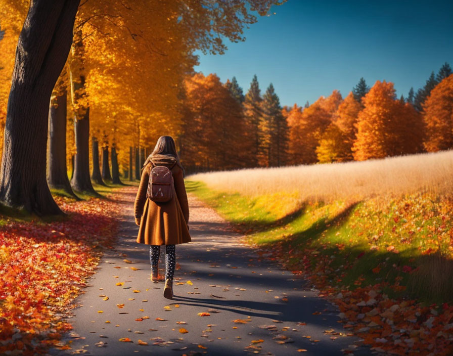 Person in Brown Coat Walking Among Golden Autumn Trees