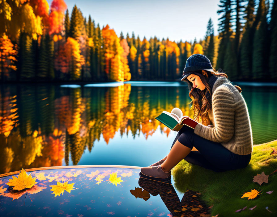 Person reading book by calm lake in autumn scenery