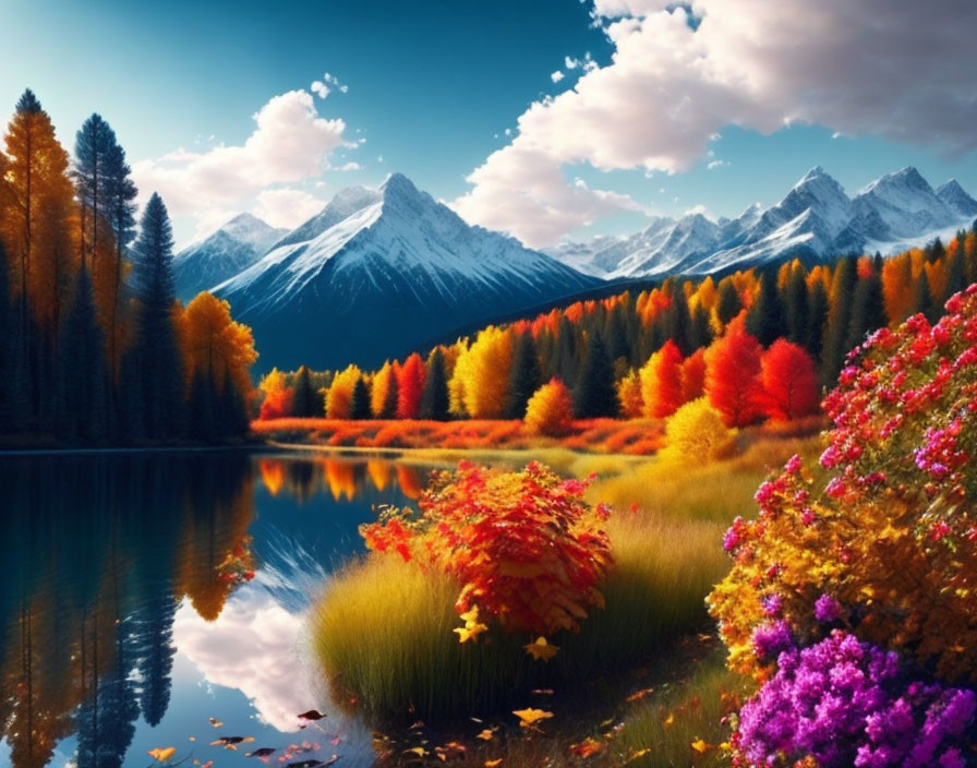 Autumn Foliage by Calm Lake with Snow-Capped Mountains