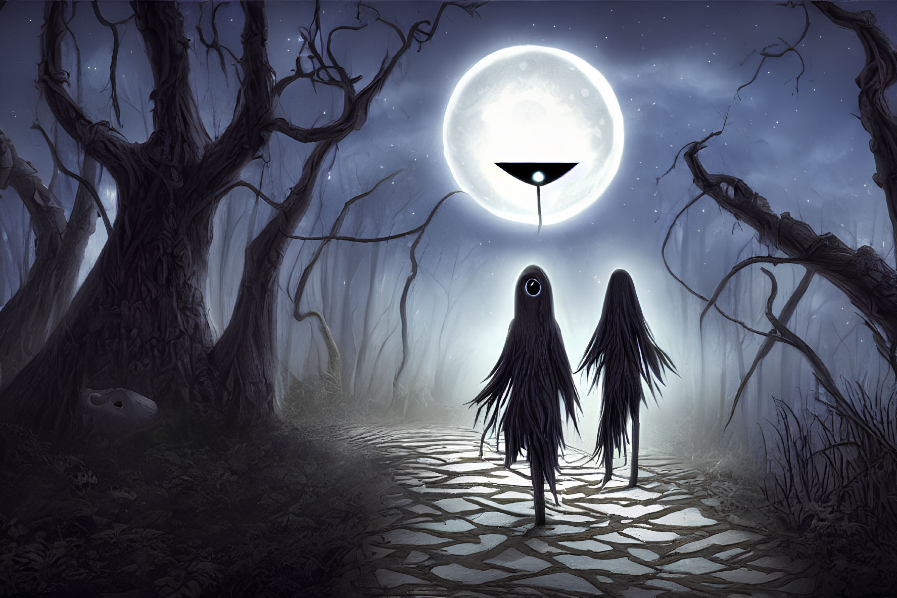 Shadowy figures on cobblestone path in spooky forest under eye symbol moon.