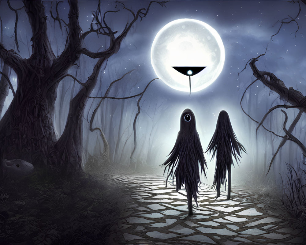 Shadowy figures on cobblestone path in spooky forest under eye symbol moon.