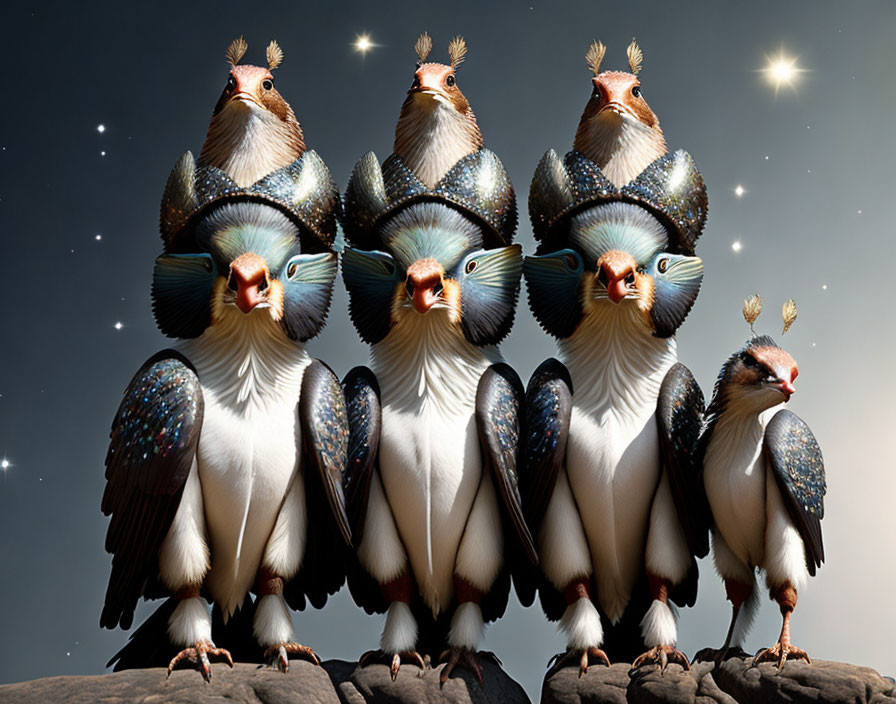 Birds with human-like faces in Elizabethan attire under starlit sky