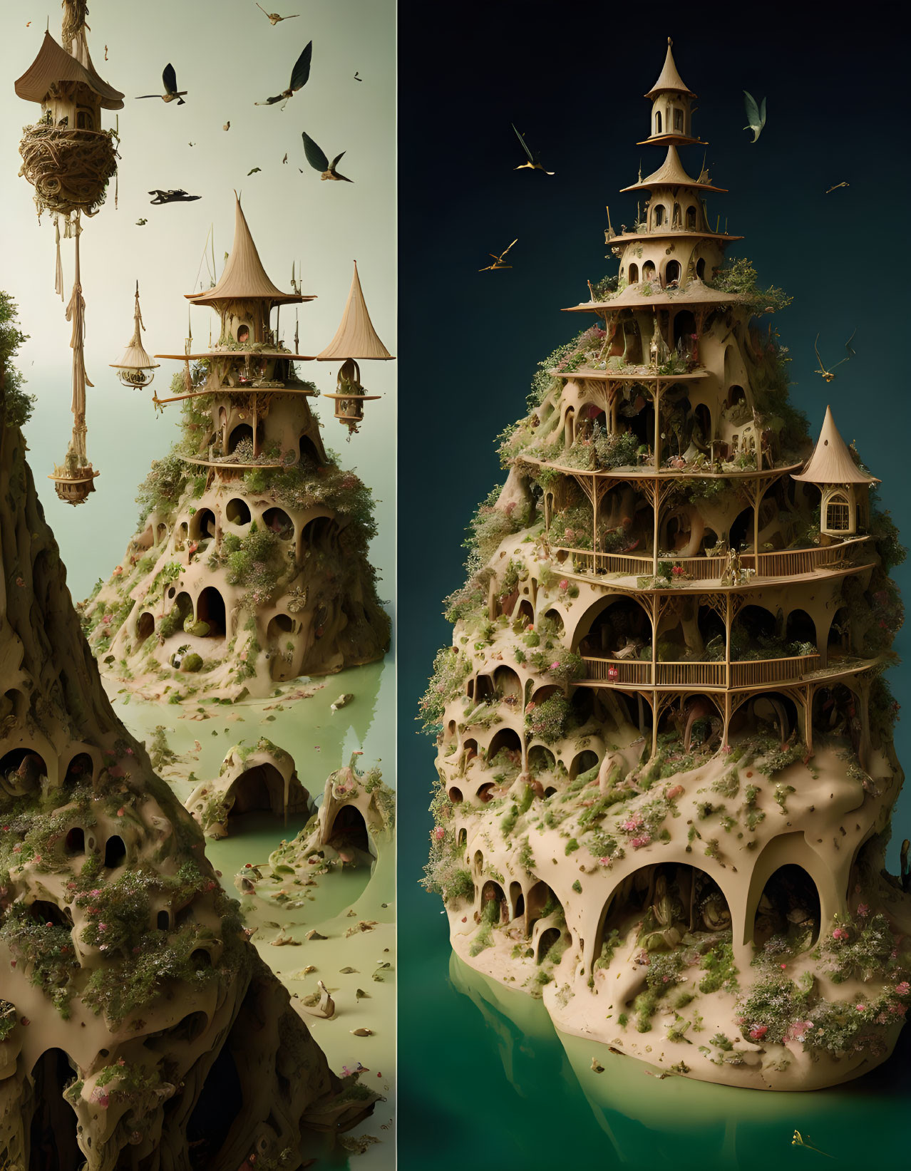 Fantasy landscape with towering rock formations and treehouse structures amidst birds on aquamarine backdrop