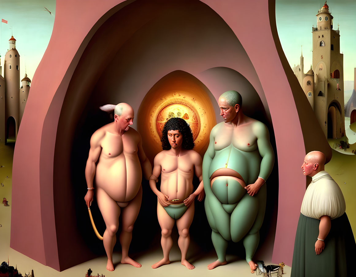 Surreal Artwork with Rotund Figures and Whimsical Castles