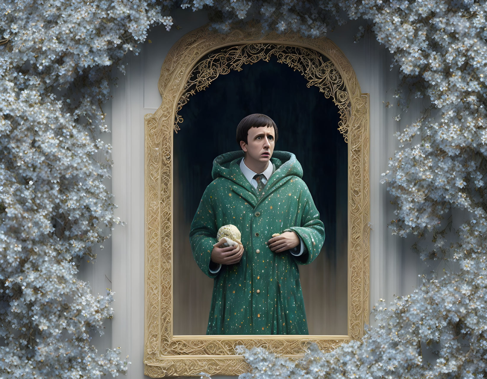 Person in Green Cloak Standing in Ornate Arched Doorway with White Blossoms