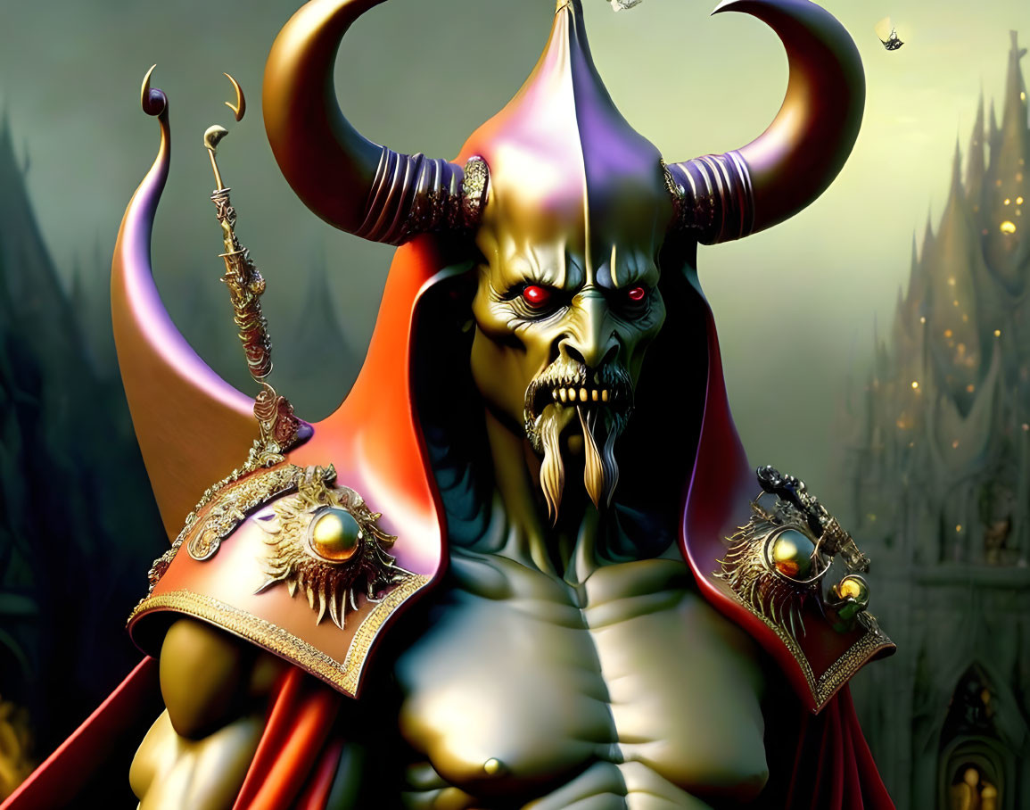 Illustration of demonic figure with horns, yellow eyes, red cape, and scepter in gothic