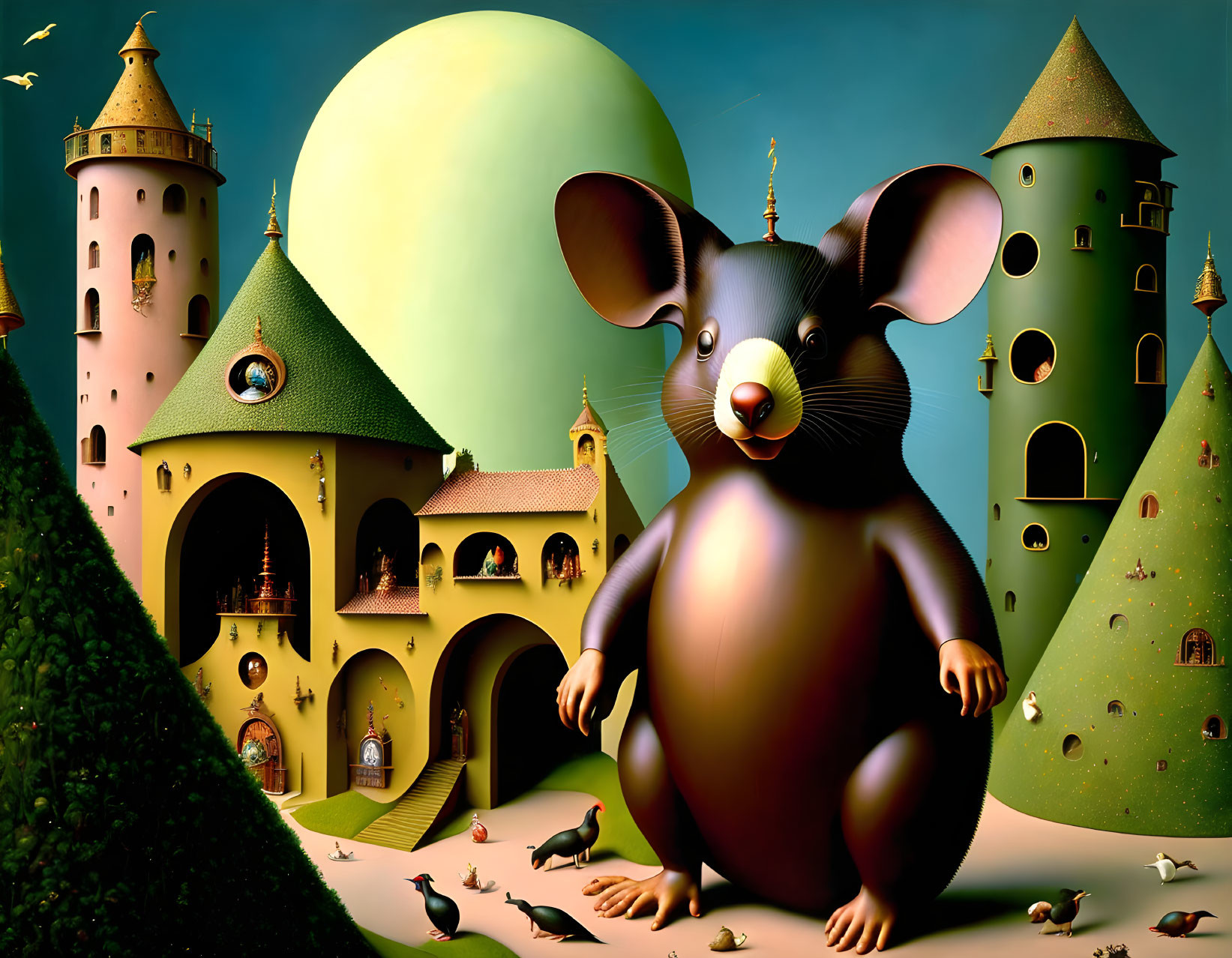 Colorful artwork: Glossy mouse in front of fantastical castles under yellow moon