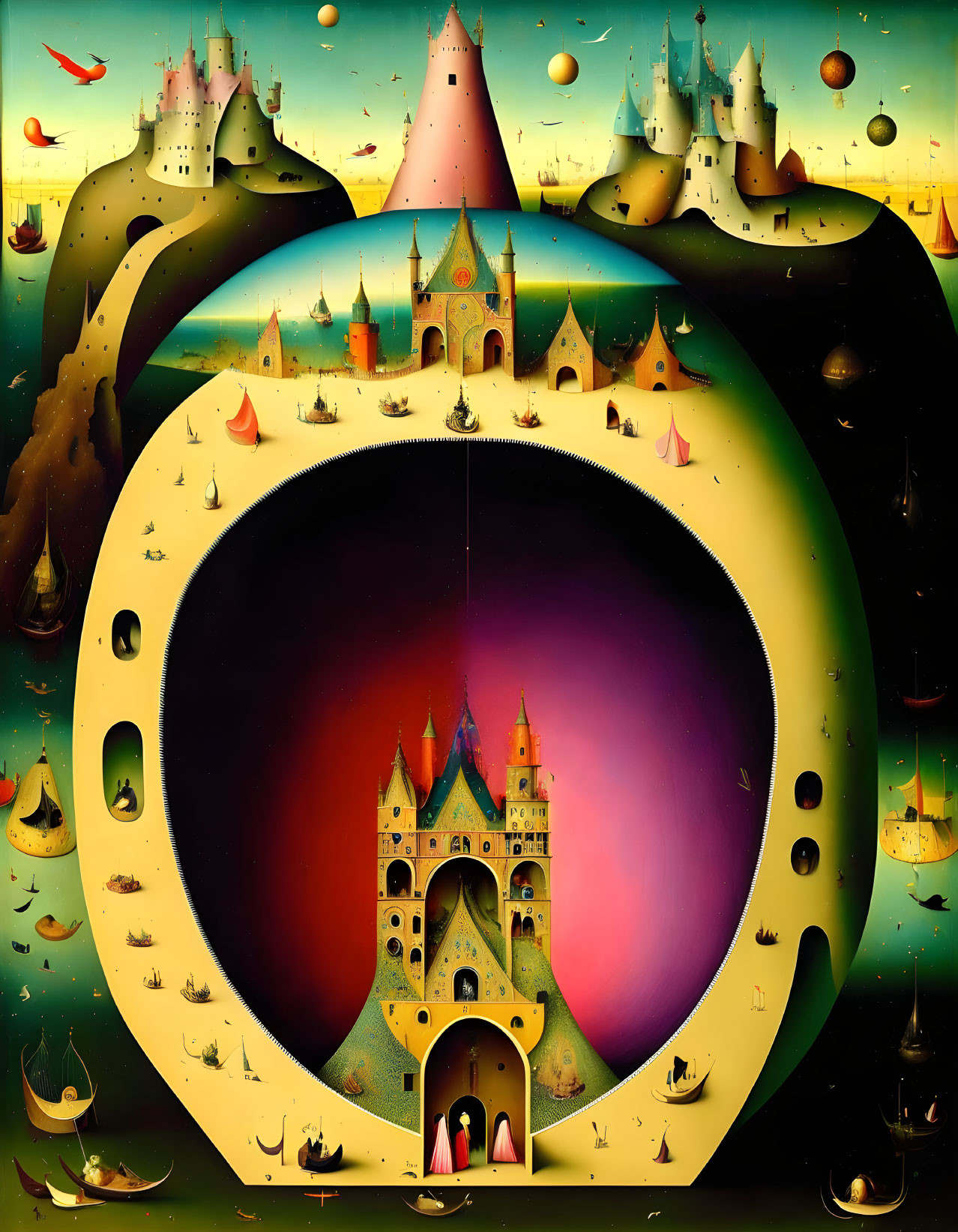 Vibrant Surrealist Painting: Castles, Hourglass, Floating Elements