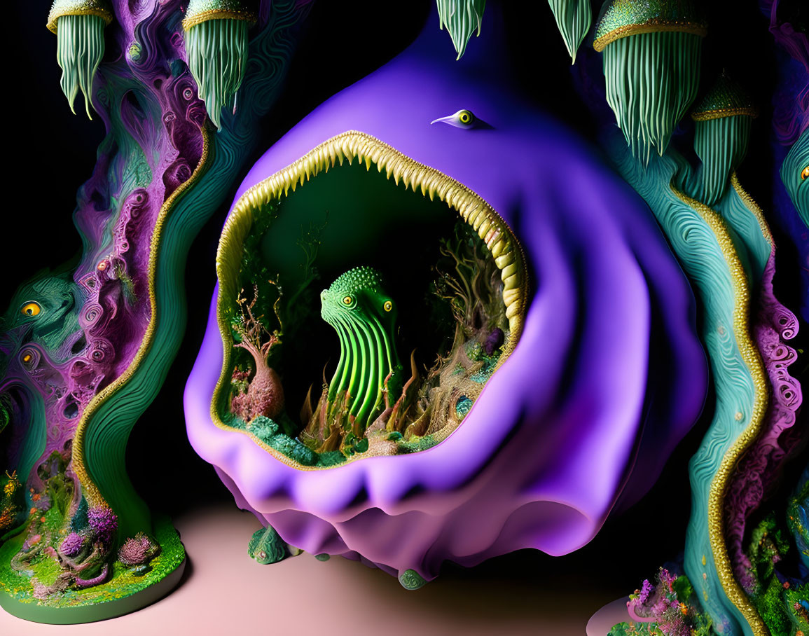 Vibrant surreal digital artwork of underwater creature and fantastical flora