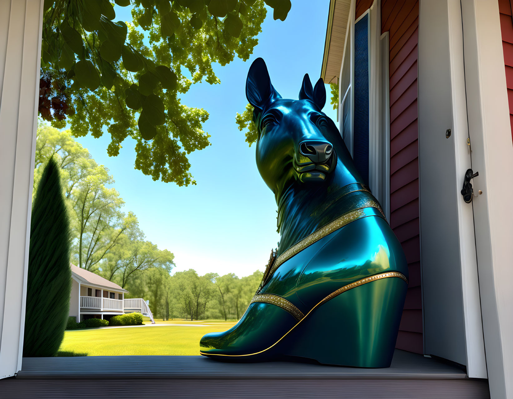 Blue Egyptian Sphinx Statue on Sunny Suburban Porch