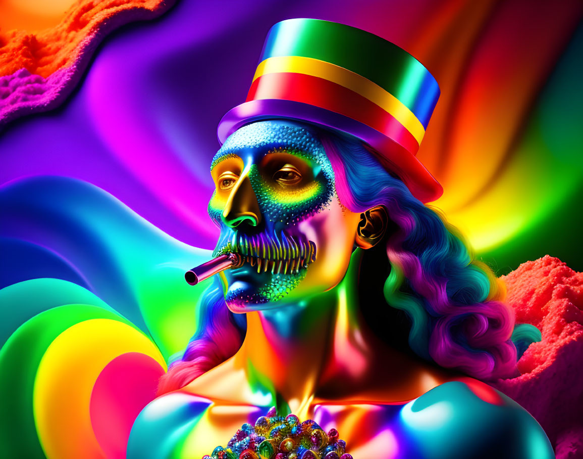 Colorful portrait of person with blue skin and striped top hat against rainbow backdrop