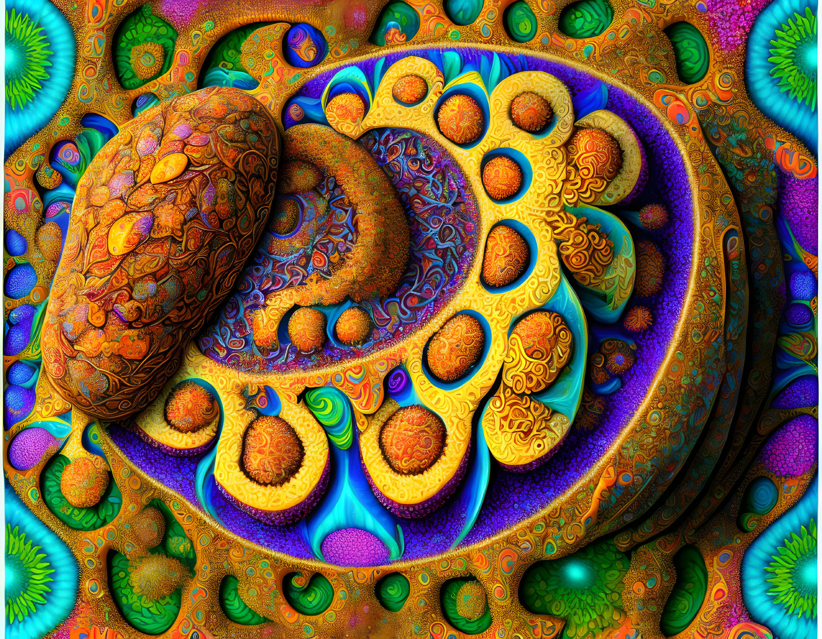 Colorful Digital Fractal Image with Organic Shapes in Oranges, Blues, and Greens