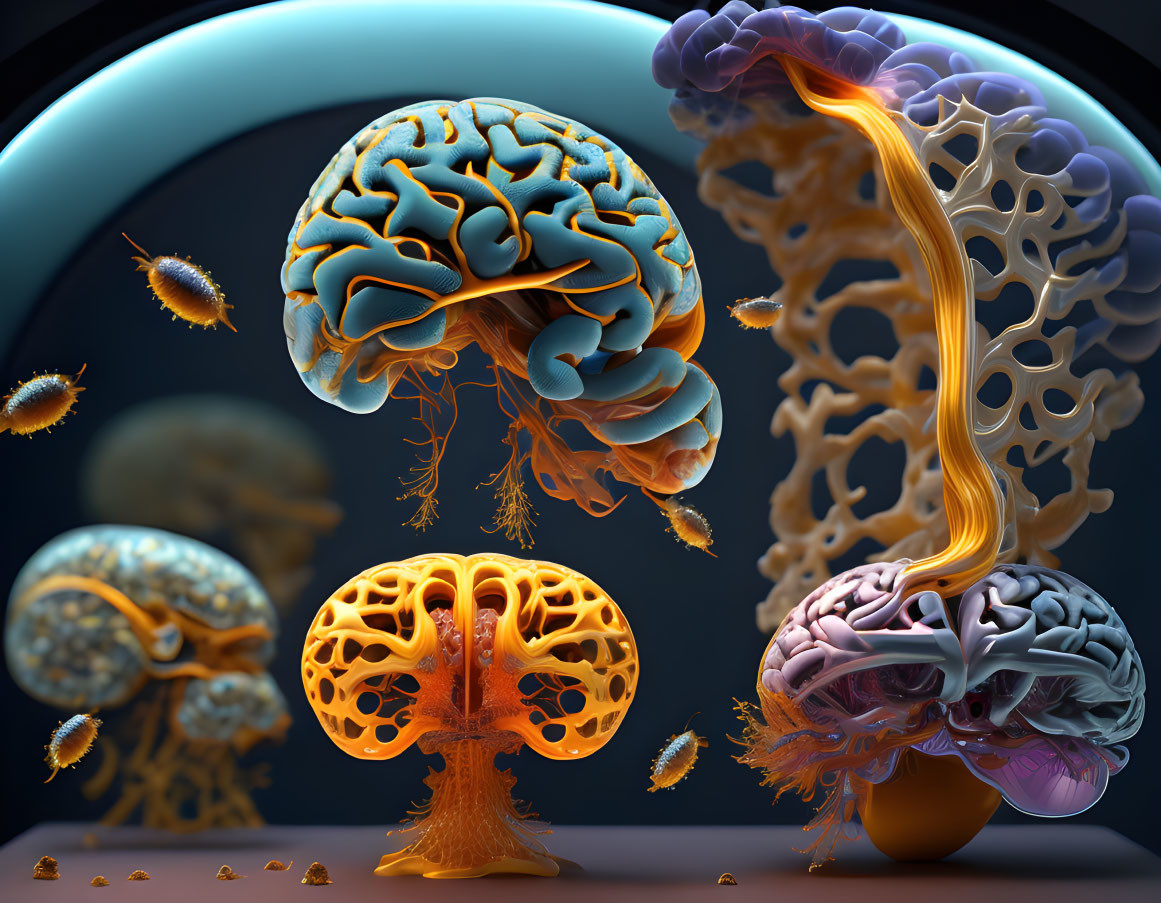 Detailed 3D Illustration of Human Brain Cross-Section with Neural Connections