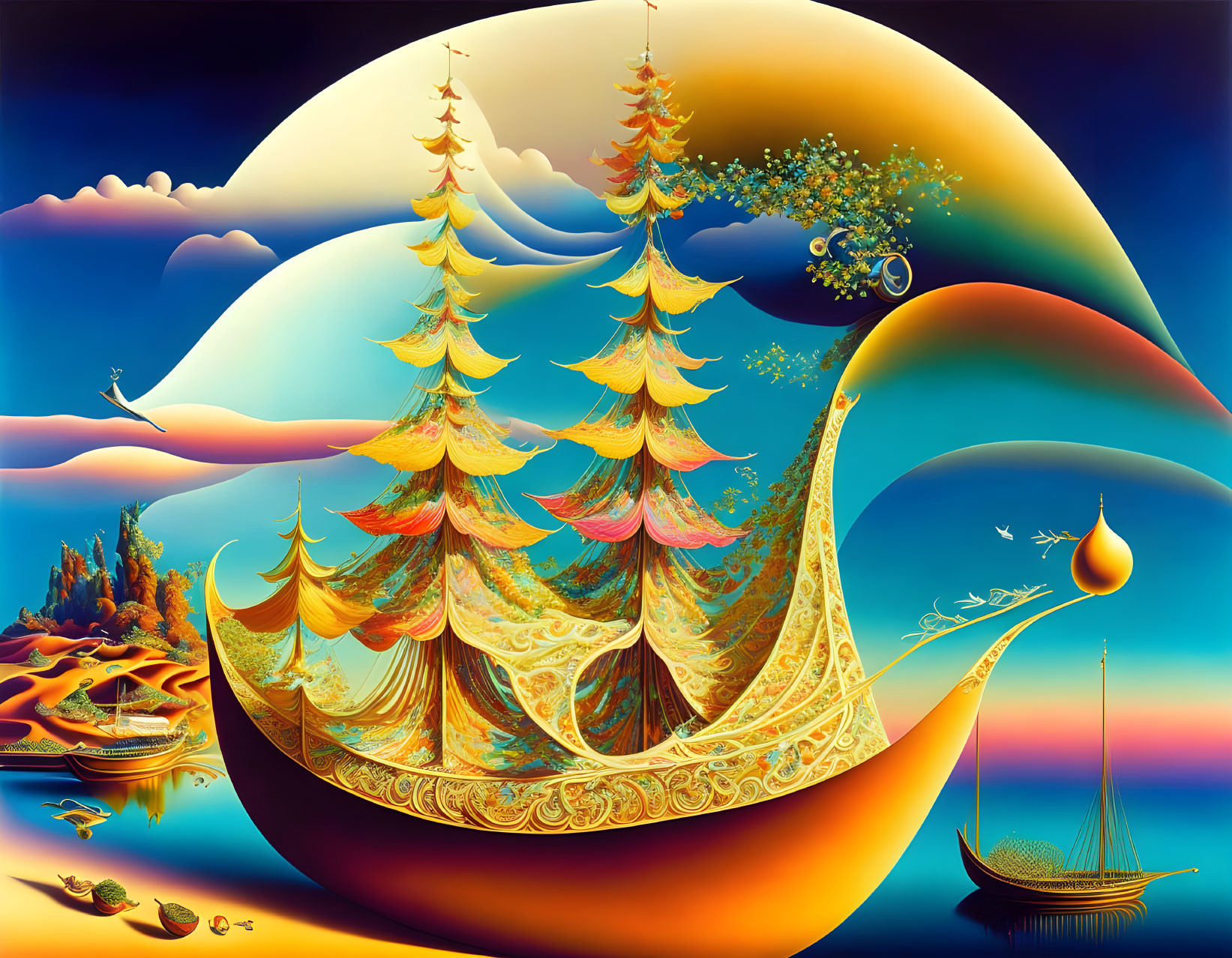 Fantastical artwork: Ornate tree-like vessels in dream-like setting