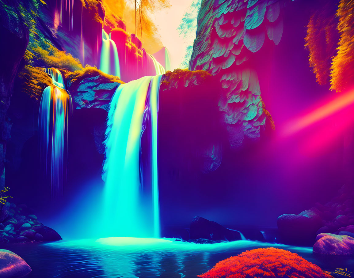 Vibrant surreal scene: neon-blue waterfall, serene pond, fluorescent flora.