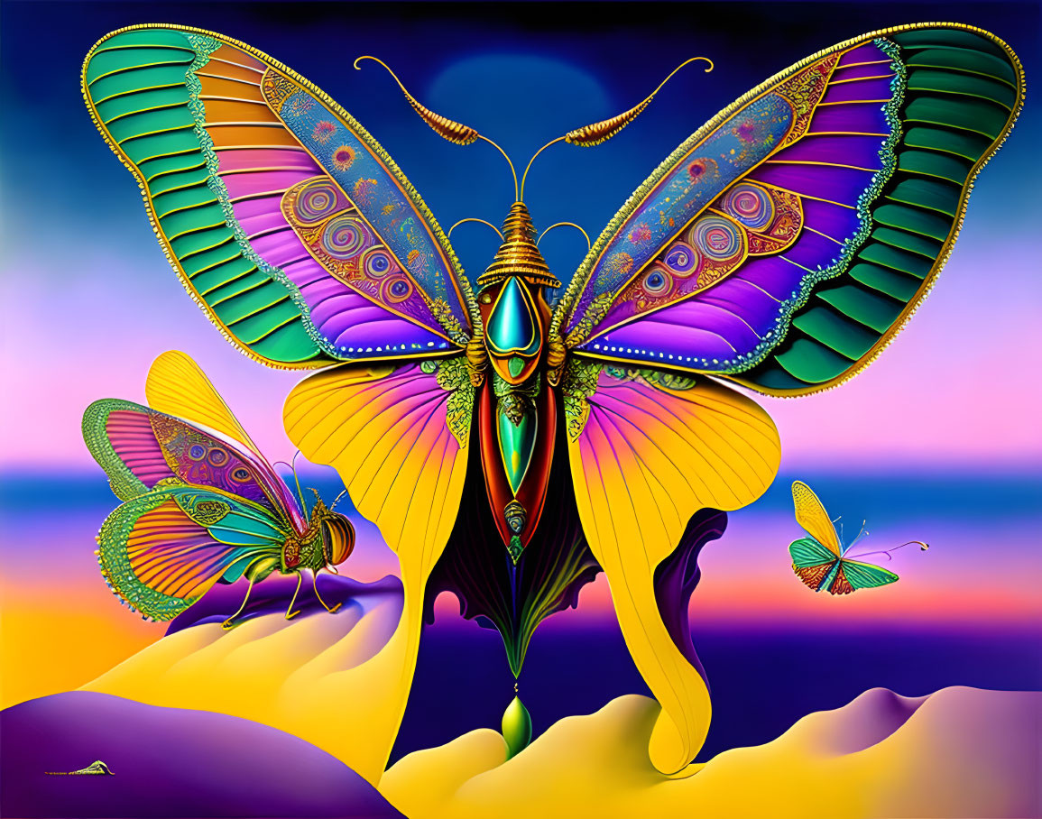 Colorful Digital Artwork: Stylized Butterflies in Desert Sunset