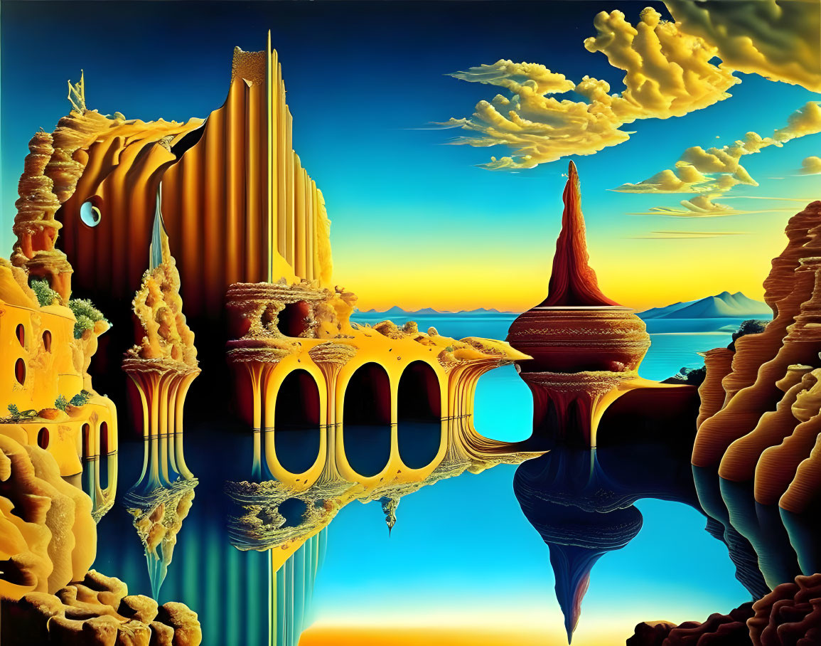 Surreal Landscape with Golden-Yellow Structures and Blue Skies