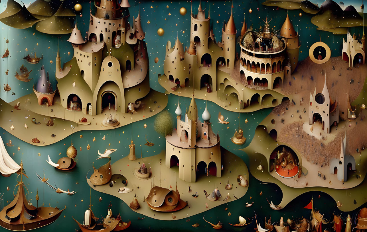 Whimsical fantasy landscape with castles, creatures, boats, and starry sky